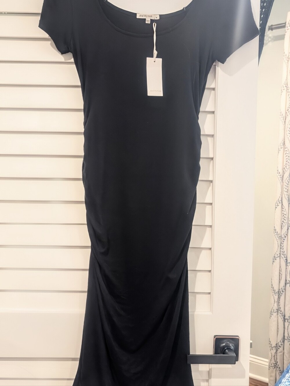NWT! Antistar Black Cap Sleeve Ruched Midi Dress